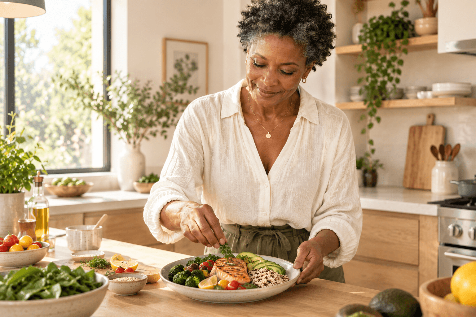 Une femme senior préparant un repas sain et coloré